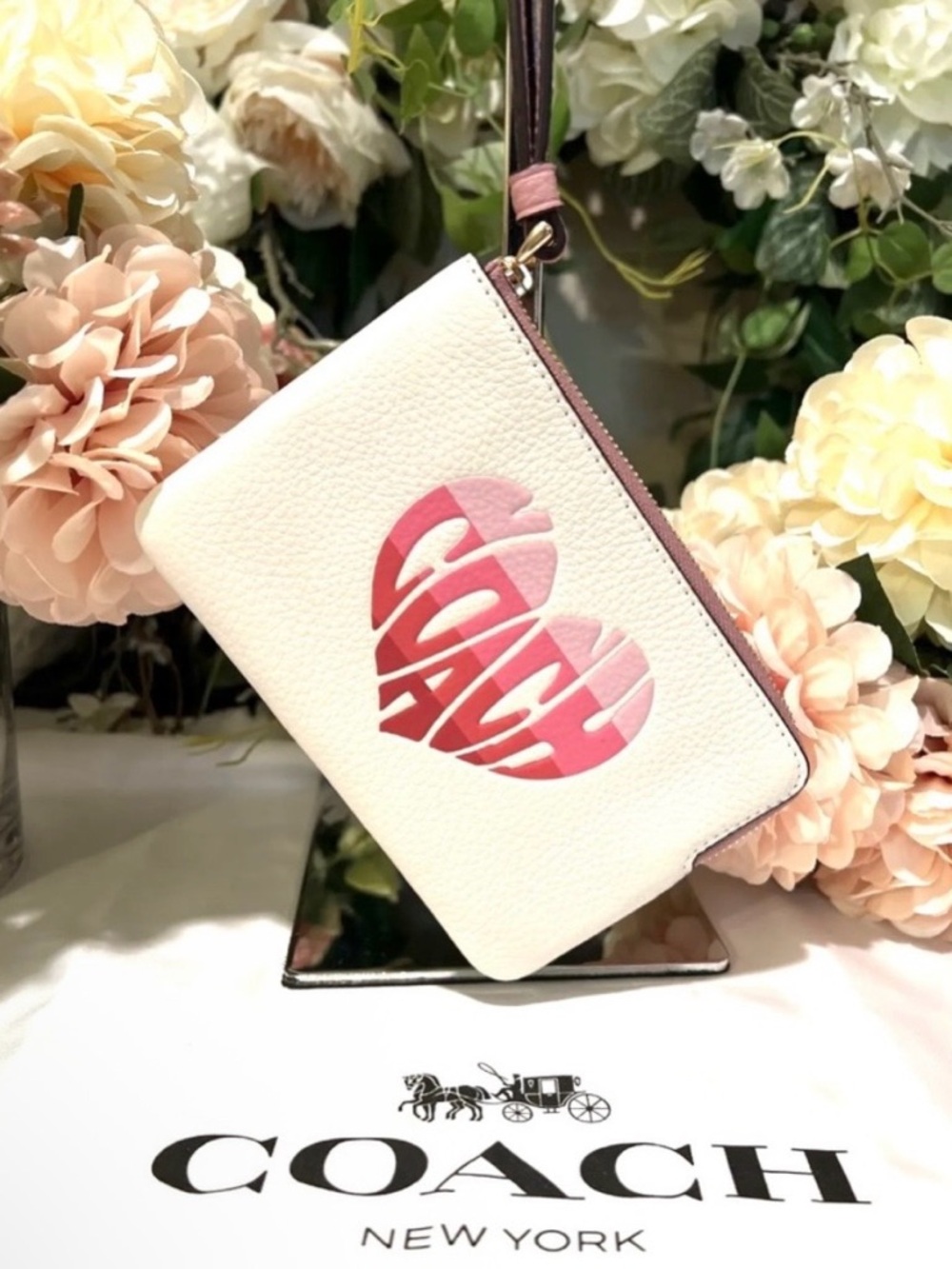 Coach Heart Logo Small Leather Wristlet Wallet White Pink